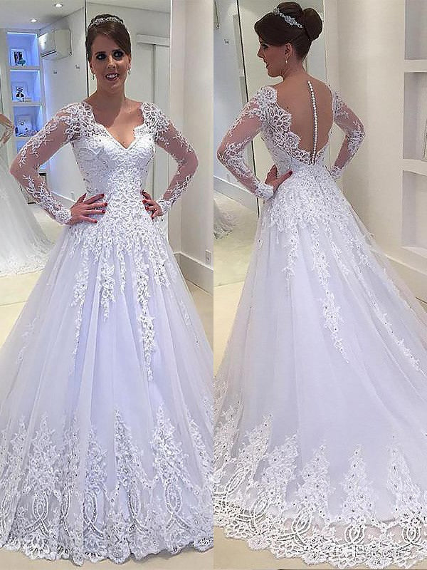 A-Line/Princess Applique V-neck Court Train Tulle Long Sleeves Wedding Dresses HEP0006170