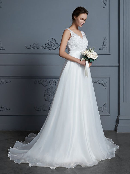 A-Line/Princess V-neck Sleeveless Floor-Length Lace Chiffon Wedding Dresses HEP0006395