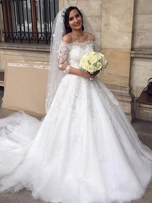 Ball Gown Tulle Off-the-Shoulder Applique 3/4 Sleeves Chapel Train Wedding Dresses HEP0006285