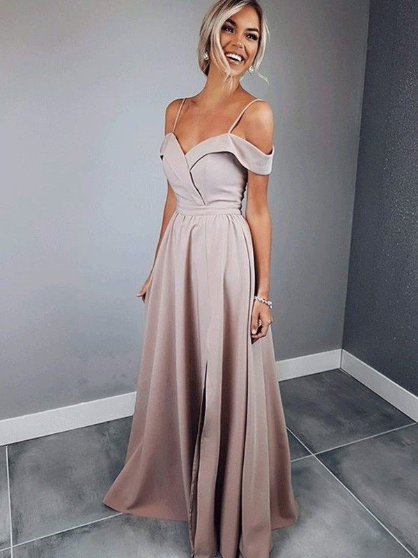 A-Line/Princess Spaghetti Straps Short Sleeves Floor-Length Ruched Satin Dresses HEP0002613