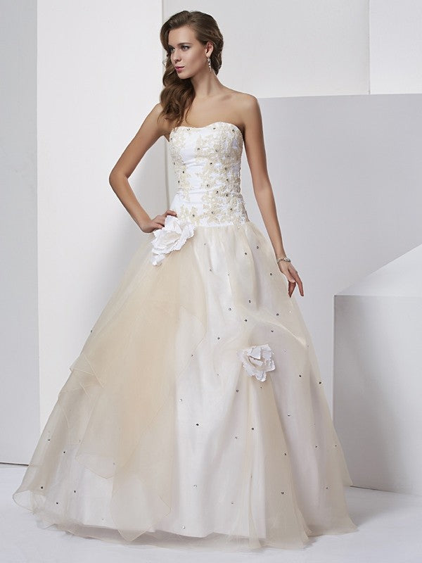 Ball Gown Sweetheart Sleeveless Hand-Made Flower Long Tulle Quinceanera Dresses HEP0009145