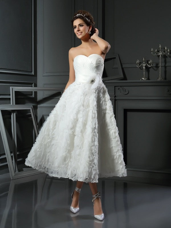 A-Line/Princess Sweetheart Bowknot Sleeveless Short Satin Wedding Dresses HEP0006426