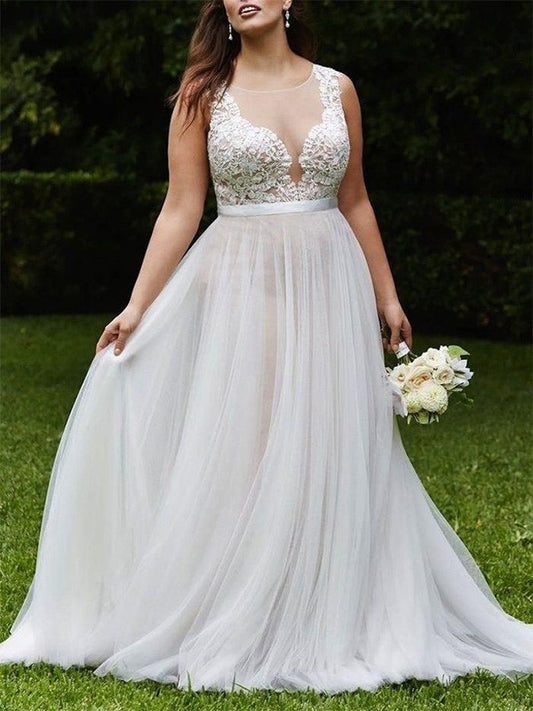 A-Line/Princess Scoop Court Train Sleeveless Lace Tulle Wedding Dresses HEP0006414