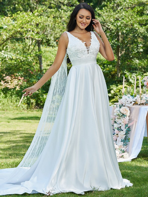 A-Line/Princess Satin Applique V-neck Sleeveless Sweep/Brush Train Wedding Dresses HEP0006501