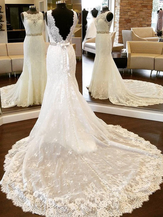 Sheath/Column Lace Scoop Sleeveless Bowknot Chapel Train Wedding Dresses HEP0006399