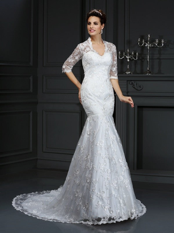 Trumpet/Mermaid V-neck Lace 1/2 Sleeves Long Lace Wedding Dresses HEP0006569