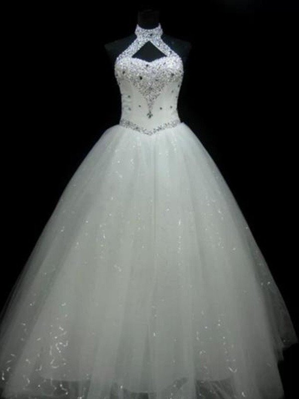Ball Gown Halter Sleeveless Floor-Length Beading Sequin Tulle Wedding Dresses HEP0006012