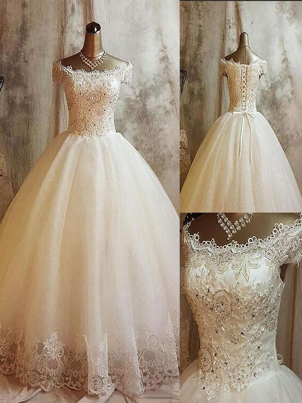 Ball Gown Applique Off-the-Shoulder Sweep/Brush Train Sleeveless Tulle Wedding Dresses HEP0006131
