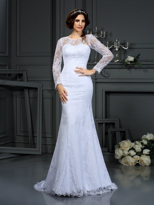 Sheath/Column Scoop Lace Long Sleeves Long Satin Wedding Dresses HEP0006422
