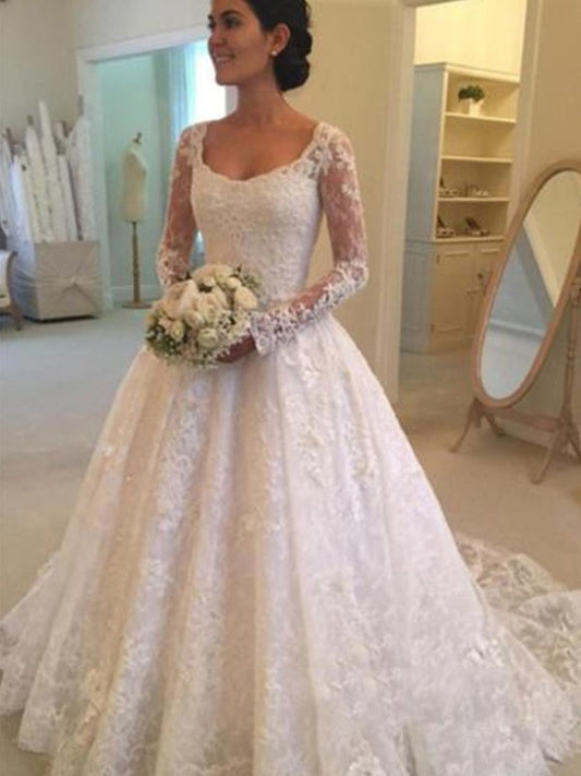 Ball Gown Long Sleeves Scoop Cathedral Train Ruffles Lace Wedding Dresses HEP0006348
