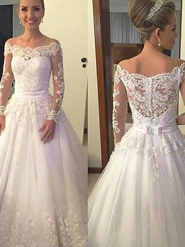 Ball Gown Long Sleeves Off-the-Shoulder Lace Tulle Court Train Wedding Dresses HEP0006300