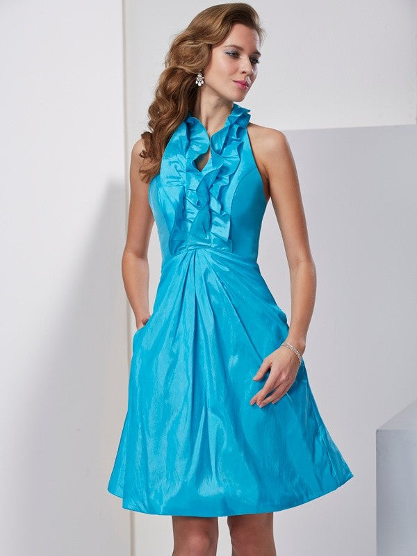 A-Line/Princess Halter Sleeveless Ruffles Short Taffeta Homecoming Dresses HEP0008983