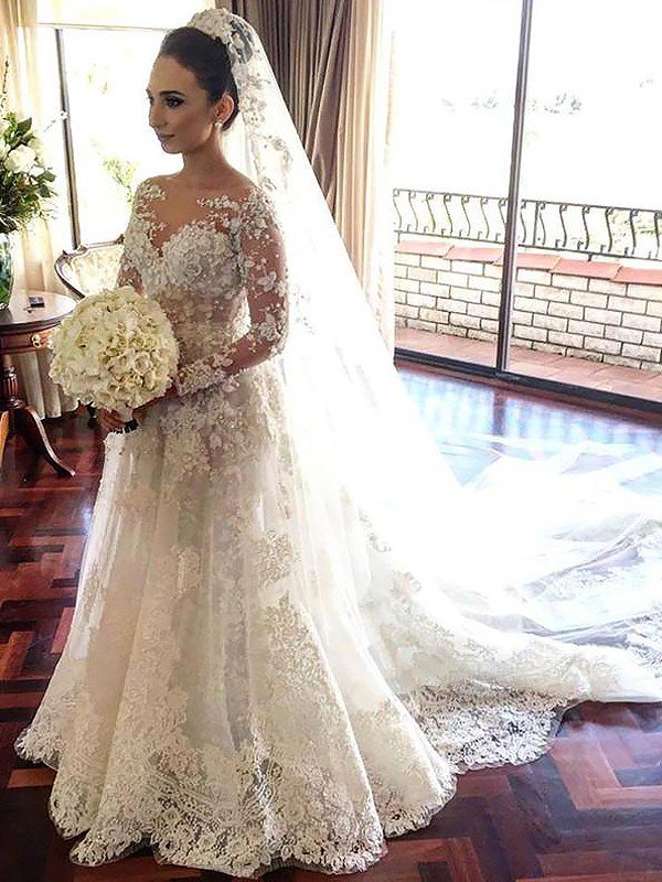 A-Line/Princess Bateau Long Sleeves Lace Chapel Train Tulle Wedding Dresses HEP0006106