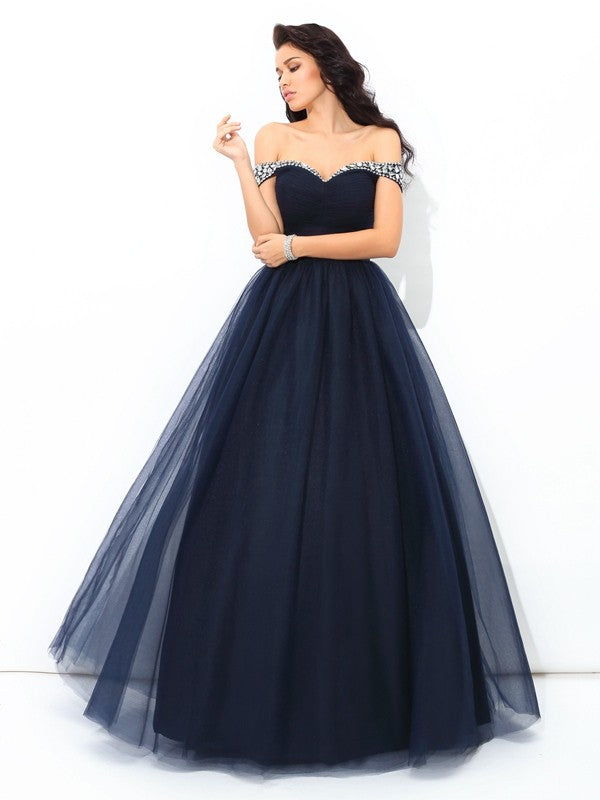 Ball Gown Off-the-Shoulder Beading Sleeveless Long Net Quinceanera Dresses HEP0002141