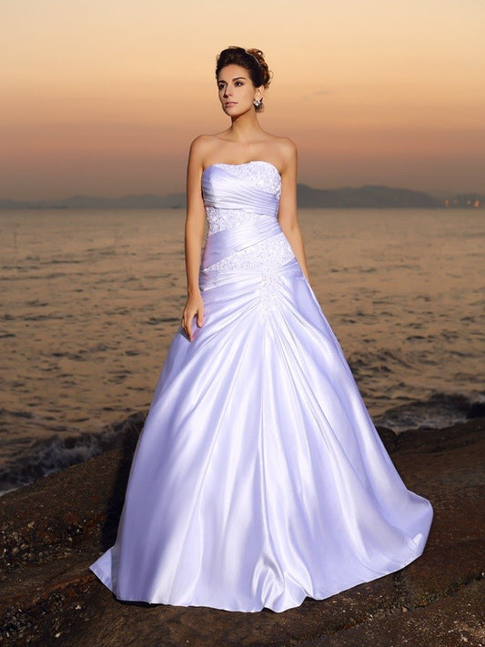 Ball Gown Strapless Beading Sleeveless Long Satin Beach Wedding Dresses HEP0006392