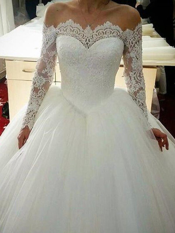 Ball Gown Tulle Applique Off-the-Shoulder Long Sleeves Sweep/Brush Train Wedding Dresses HEP0006559