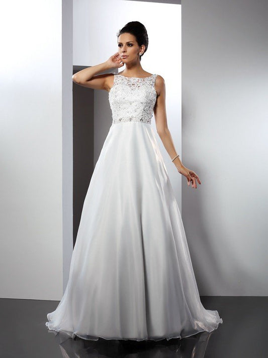 A-Line/Princess Scoop Ruffles Sleeveless Long Satin Wedding Dresses HEP0006433