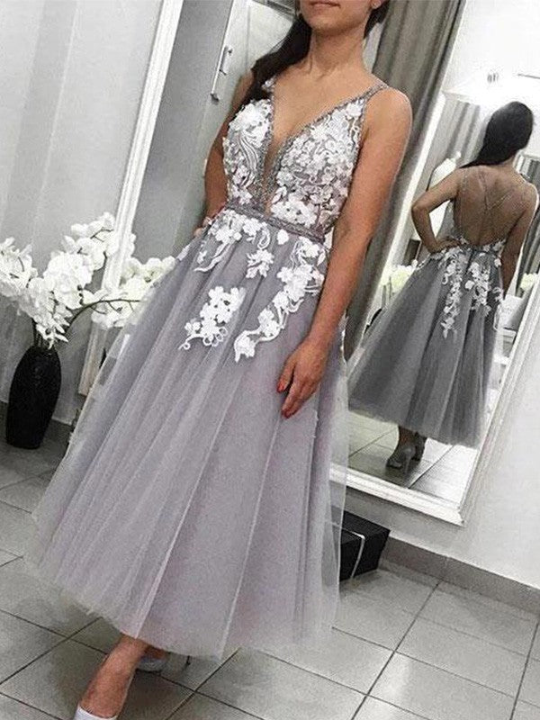 A-Line/Princess Tulle Spaghetti Straps Sleeveless Applique Ankle-Length Homecoming Dresses HEP0008885