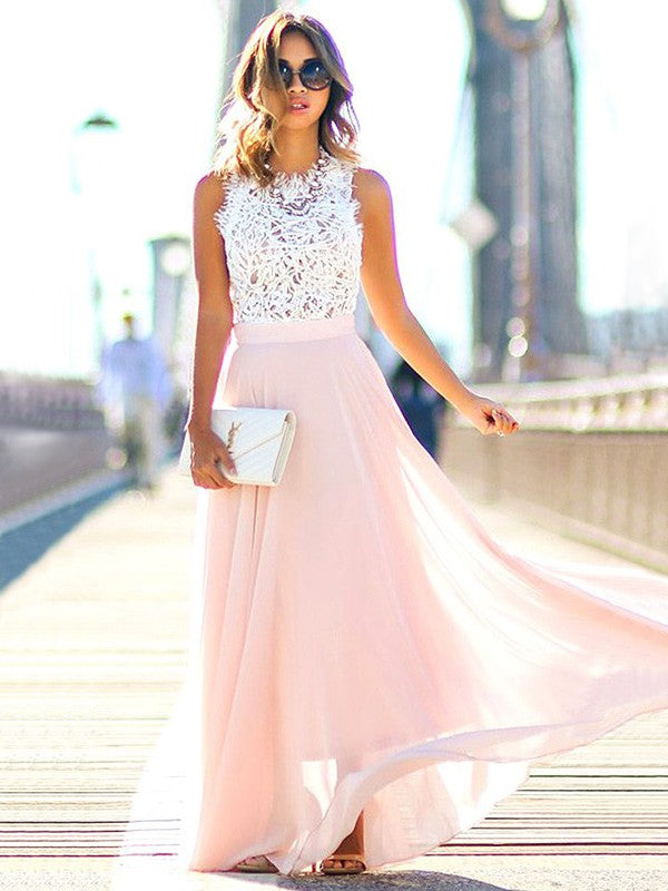 A-Line/Princess Jewel Sleeveless Floor-Length Lace Chiffon Dresses HEP0002382