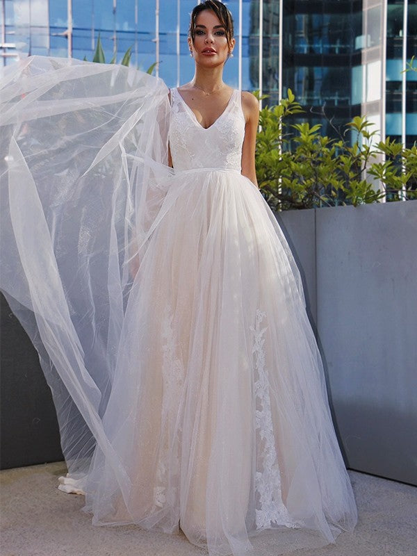 A-Line/Princess Tulle V-neck Applique Sleeveless Sweep/Brush Train Wedding Dresses HEP0006067