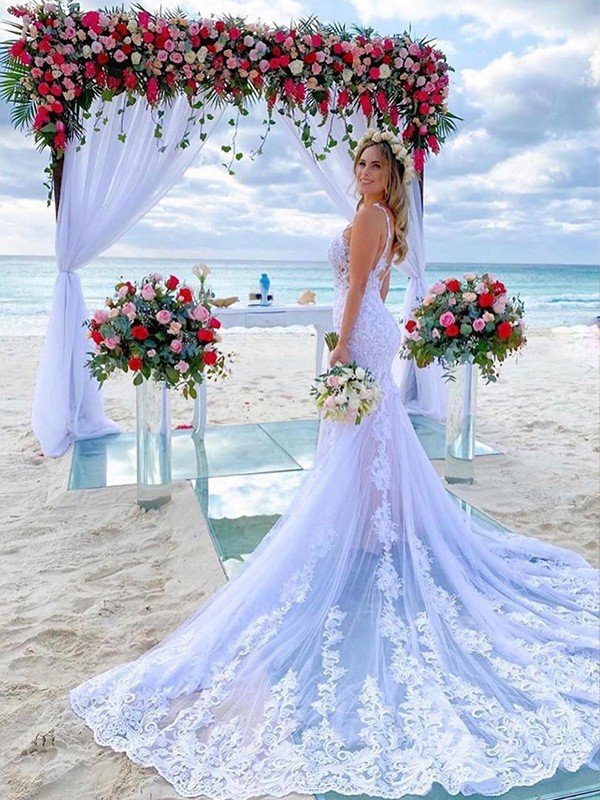 Trumpet/Mermaid Tulle Applique Straps Court Train Sleeveless Wedding Dresses HEP0006033
