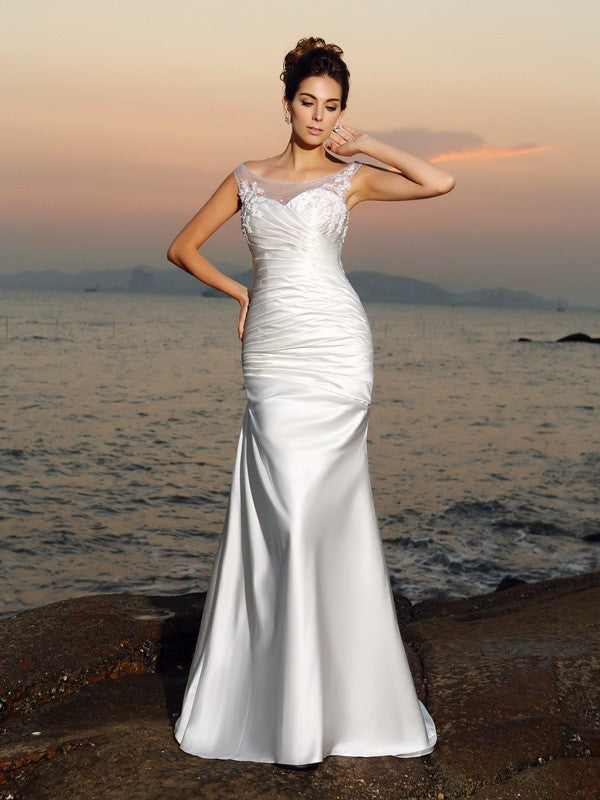 Trumpet/Mermaid Scoop Beading Sleeveless Long Satin Beach Wedding Dresses HEP0006202