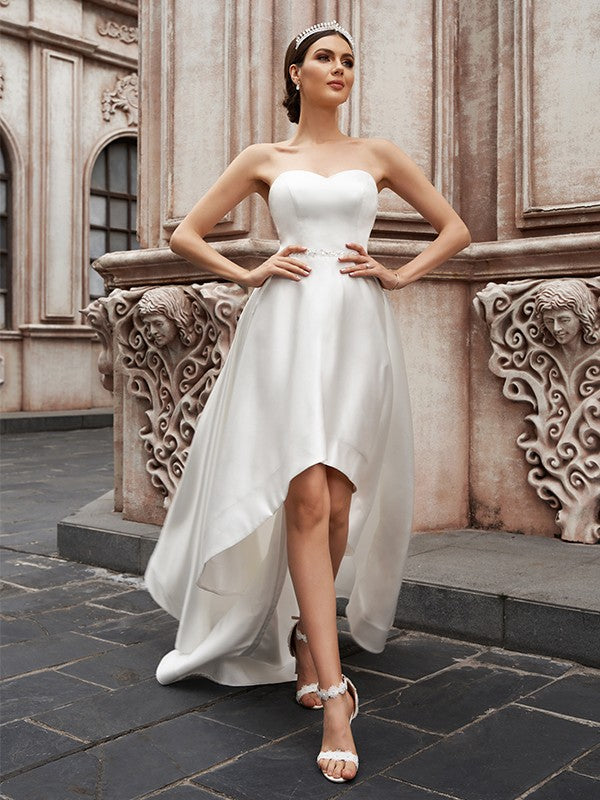 A-Line/Princess Sweetheart Satin Ruffles Sleeveless Asymmetrical Wedding Dresses HEP0006091