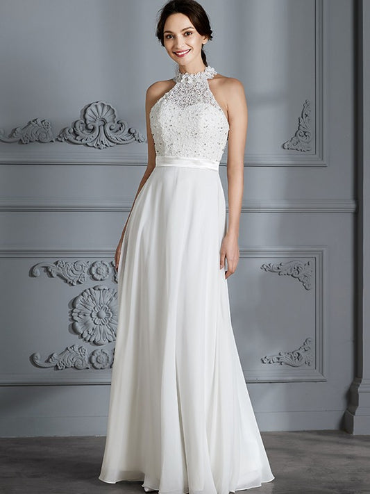 A-Line/Princess Scoop Sleeveless Floor-Length Chiffon Wedding Dresses HEP0006361