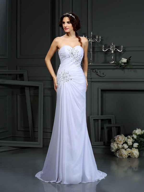 Sheath/Column Sweetheart Beading Sleeveless Long Chiffon Wedding Dresses HEP0006553
