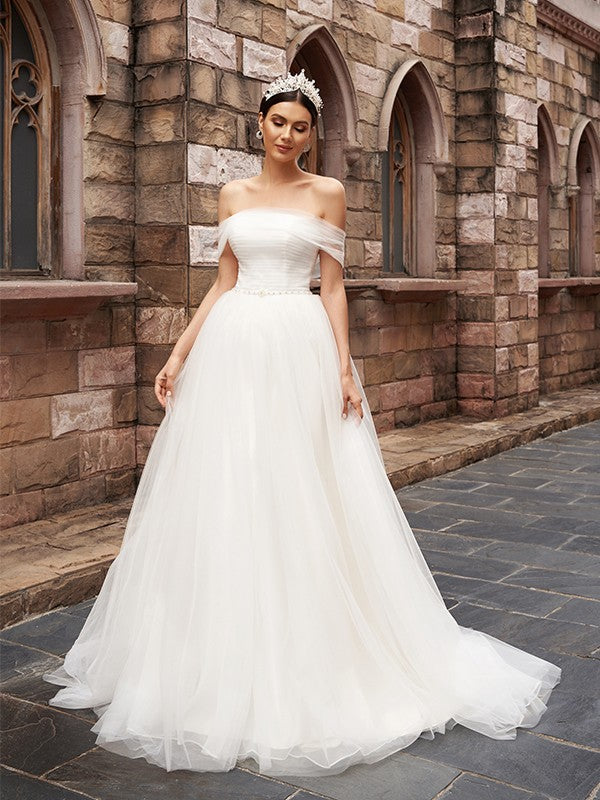 A-Line/Princess Tulle Sleeveless Off-the-Shoulder Ruched Sweep/Brush Train Wedding Dresses HEP0006049