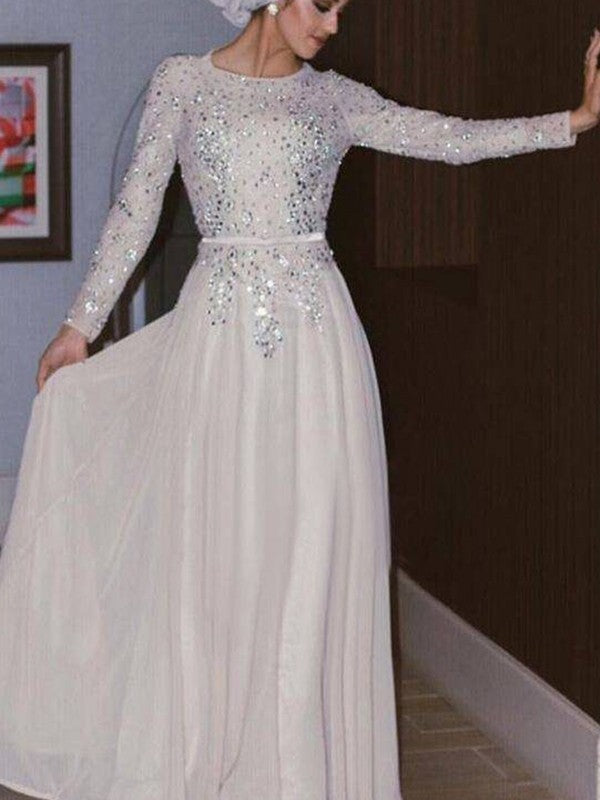 A-Line/Princess Long Sleeves Scoop Floor-Length Crystal Chiffon Muslim Dresses HEP0002617