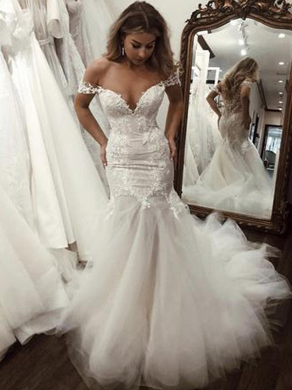 Trumpet/Mermaid Tulle Applique Off-the-Shoulder Sleeveless Sweep/Brush Train Wedding Dresses HEP0006097
