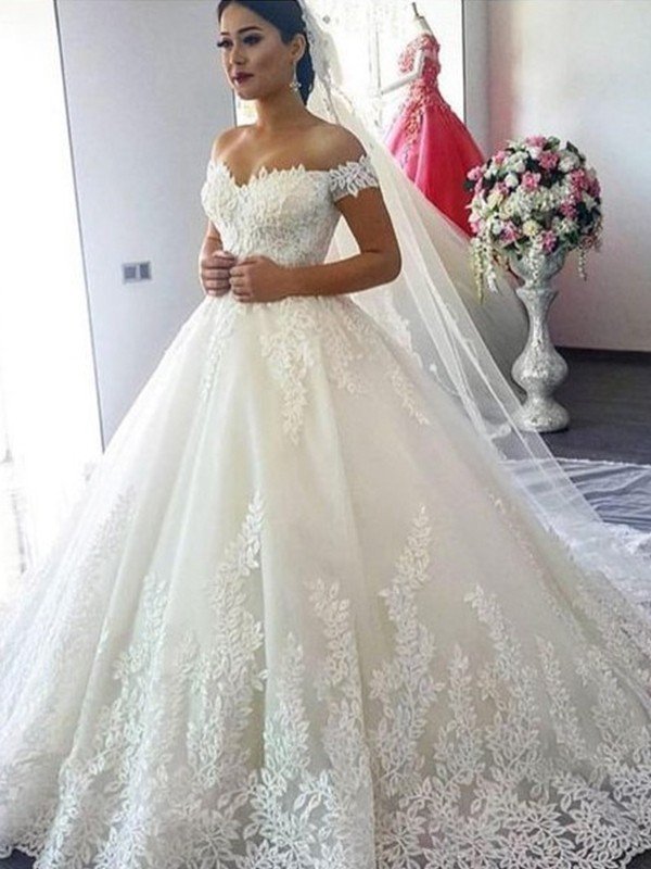 Ball Gown Off-the-Shoulder Sleeveless Sweep/Brush Train Lace Tulle Wedding Dresses HEP0006032