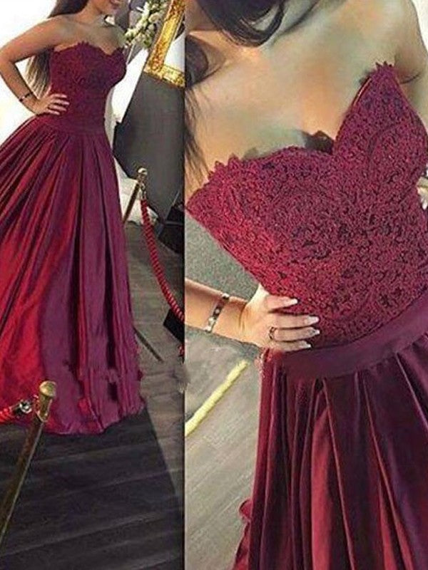 A-Line/Princess Sweetheart Sleeveless Lace Satin Floor-Length Dresses HEP0002169