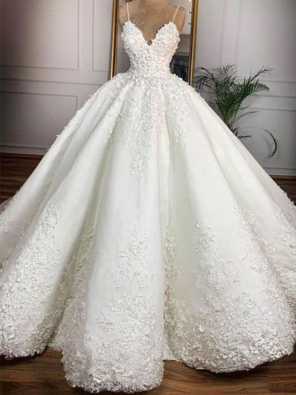 Ball Gown Satin Spaghetti Straps Applique Sleeveless Floor-Length Wedding Dresses HEP0005977