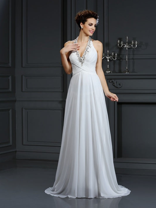 A-Line/Princess Halter Beading Sleeveless Long Chiffon Wedding Dresses HEP0006421