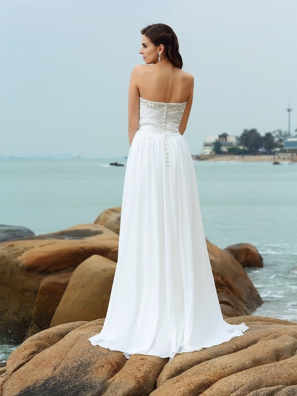 A-Line/Princess Sweetheart Beading Sleeveless Long Chiffon Beach Wedding Dresses HEP0006539