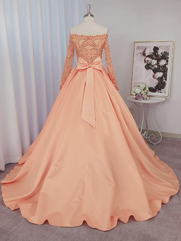 Ball Gown Satin Long Sleeves Beading Off-the-Shoulder Court Train Dresses HEP0001720