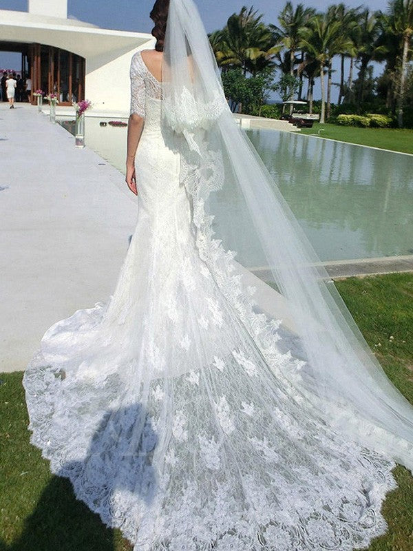 Trumpet/Mermaid 1/2 Sleeves Square Cathedral Train Applique Lace Wedding Dresses HEP0006540