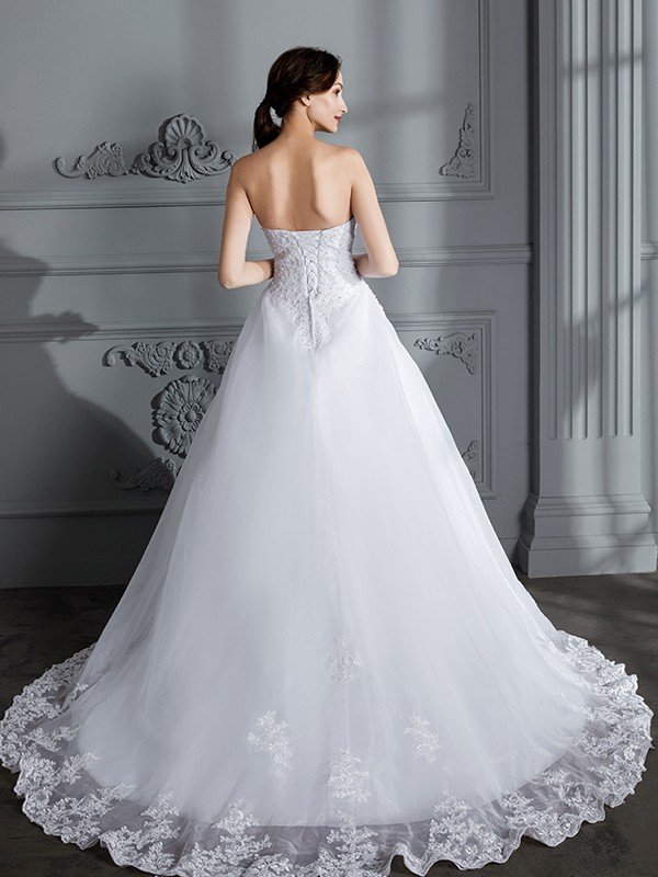 Ball Gown Strapless Sleeveless Court Train Organza Wedding Dresses HEP0006185