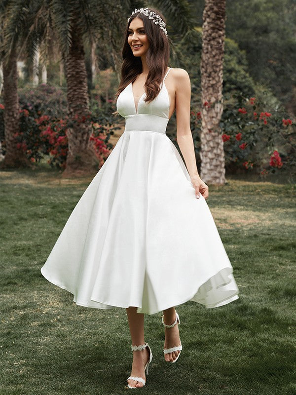 A-Line/Princess Ruffles V-neck Sleeveless Satin Tea-Length Wedding Dresses HEP0005969