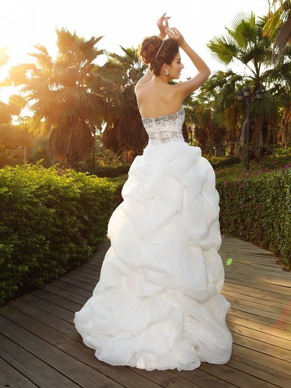 A-Line/Princess Sweetheart Beading Sleeveless High Low Organza Wedding Dresses HEP0006009