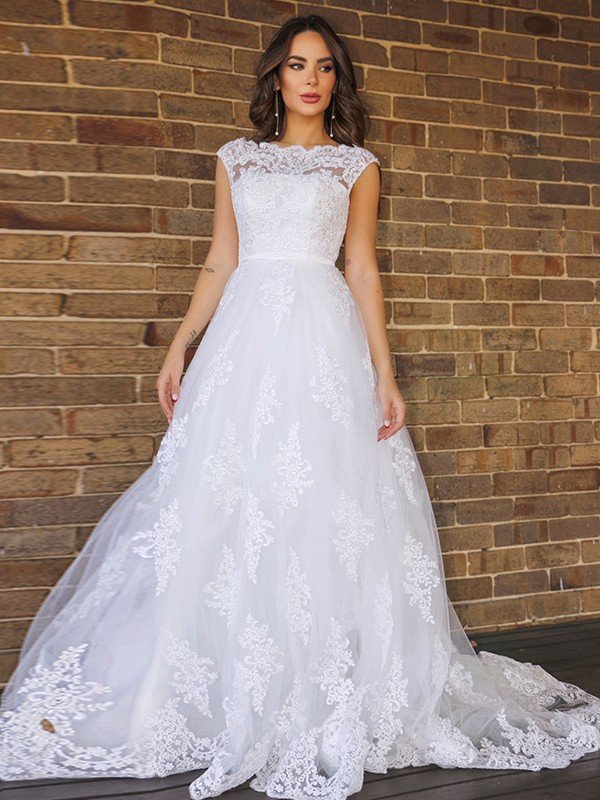 A-Line/Princess Lace Sleeveless Scoop Sweep/Brush Train Wedding Dresses HEP0006152