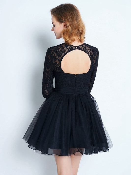 A-Line/Princess High Neck Long Sleeves Kayleigh Lace Homecoming Dresses Short/Mini Net Dresses