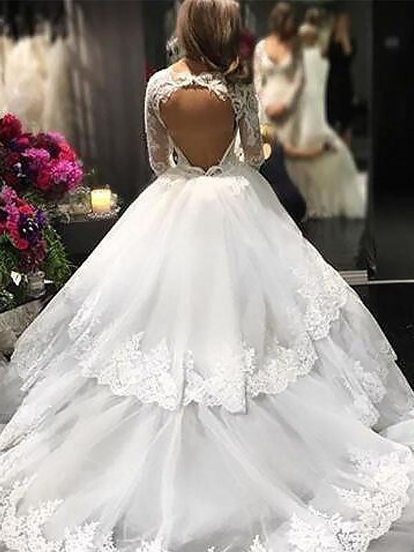Ball Gown V-neck Lace Tulle Long Sleeves Court Train Wedding Dresses HEP0006369