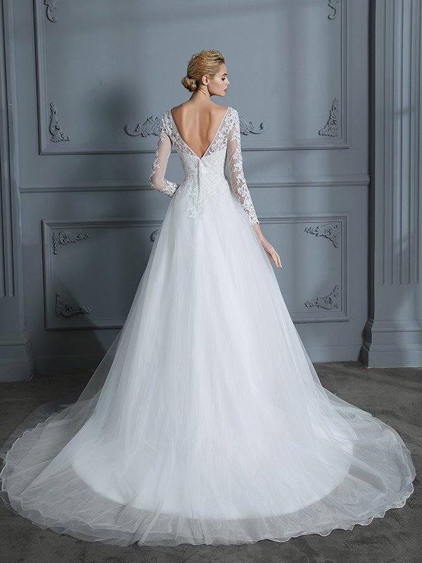 Ball Gown V-neck Long Sleeves Court Train Lace Tulle Wedding Dresses HEP0006228