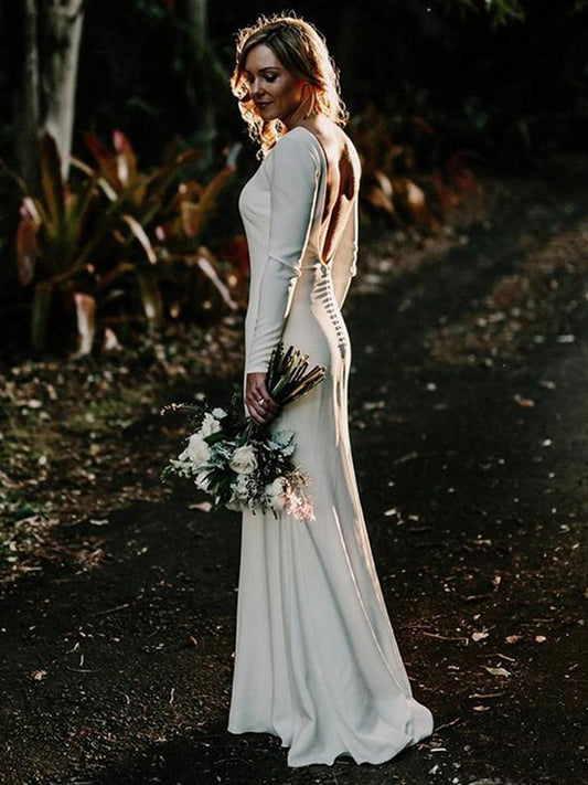 Sheath/Column Jewel Long Sleeves Floor-Length Ruffles Stretch Crepe Wedding Dresses HEP0006325