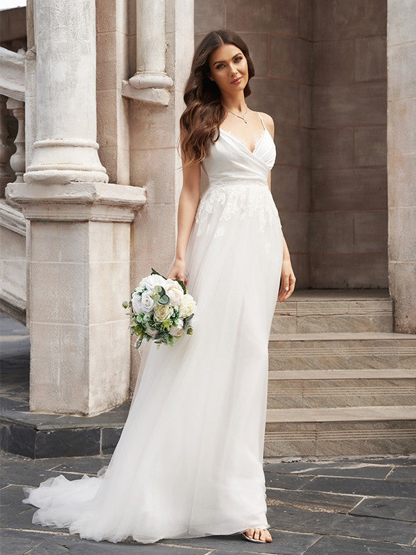 A-Line/Princess V-neck Tulle Sleeveless Applique Sweep/Brush Train Wedding Dresses HEP0005996