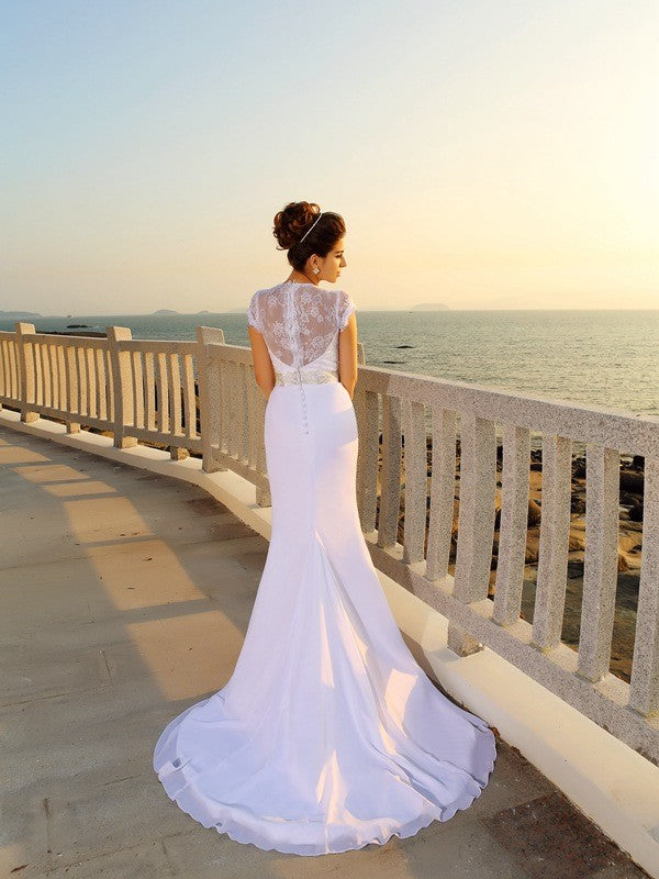 Sheath/Column V-neck Beading Sleeveless Long Chiffon Beach Wedding Dresses HEP0006314