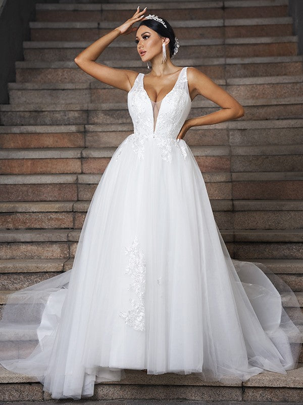 A-Line/Princess Tulle Applique V-neck Sleeveless Sweep/Brush Train Wedding Dresses HEP0006401